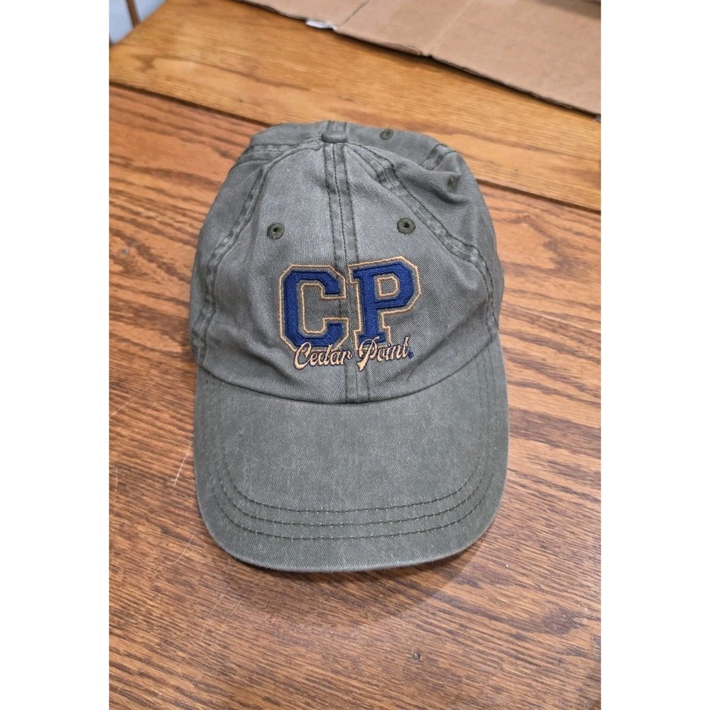 Cedar Point CP Baseball Hat Olive Green Embroidered Adjustable Strapback Cap